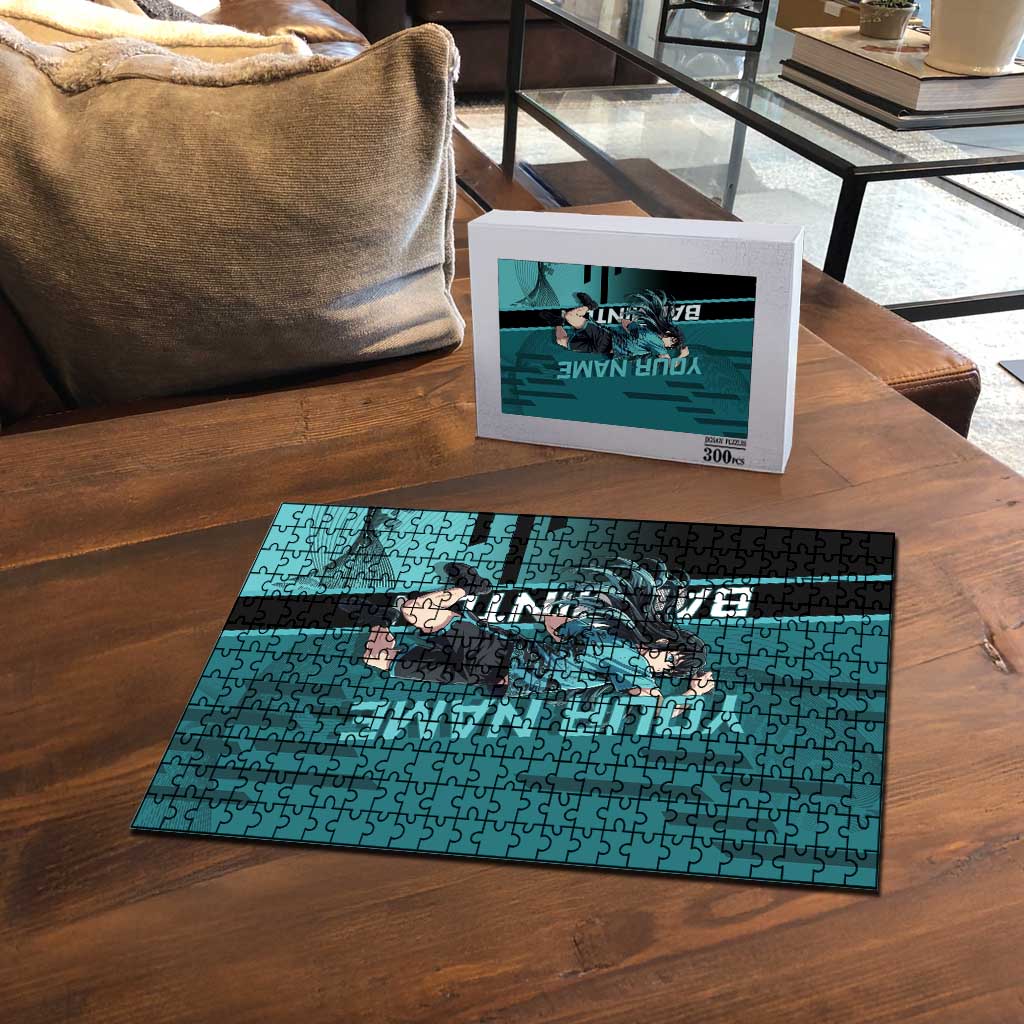 Personalized Tokito Muichiro Demon Slayer Badminton Puzzle with Racket Action Pose and Teal Black Graphic Design - The Mazicc