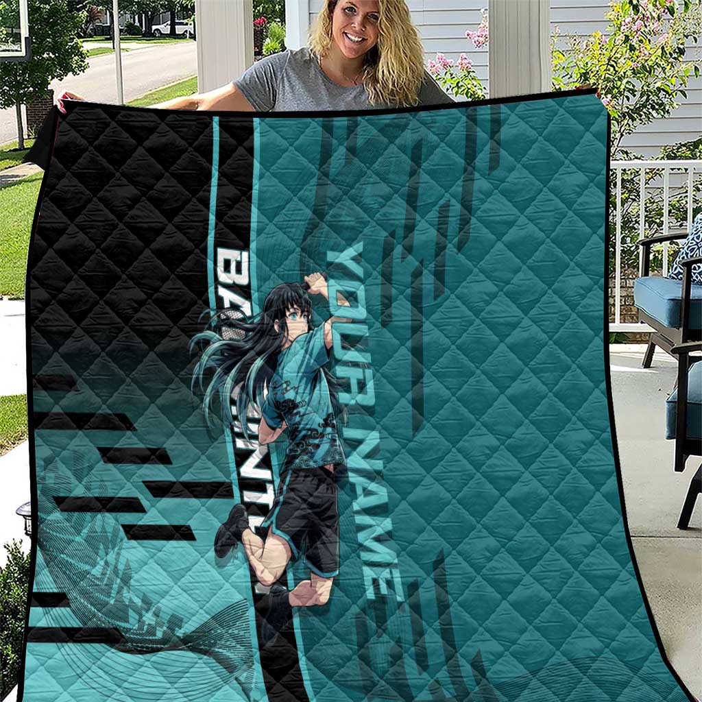 Personalized Tokito Muichiro Demon Slayer Badminton Quilt with Racket Action Pose and Teal Black Graphic Design - The Mazicc