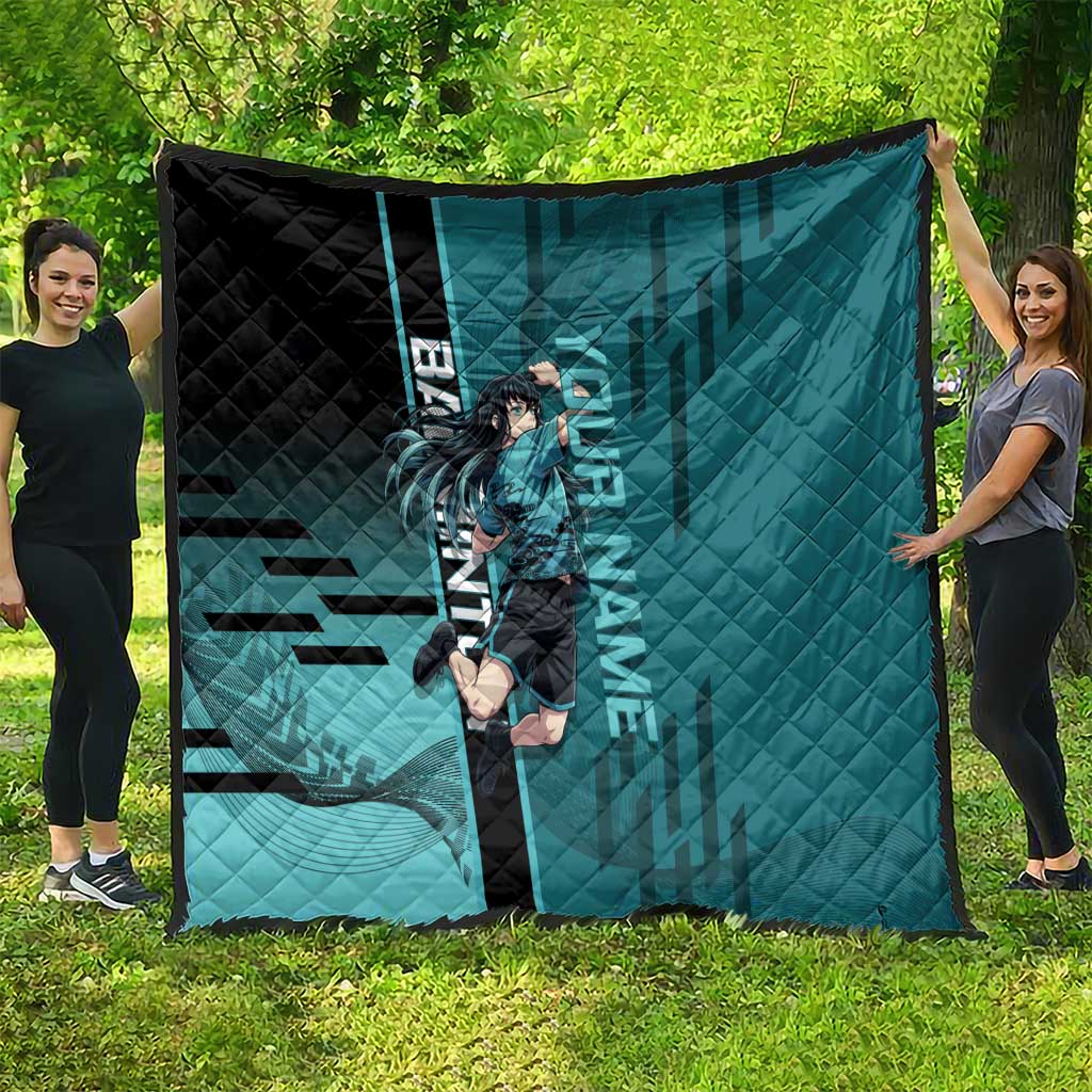 Personalized Tokito Muichiro Demon Slayer Badminton Quilt with Racket Action Pose and Teal Black Graphic Design - The Mazicc