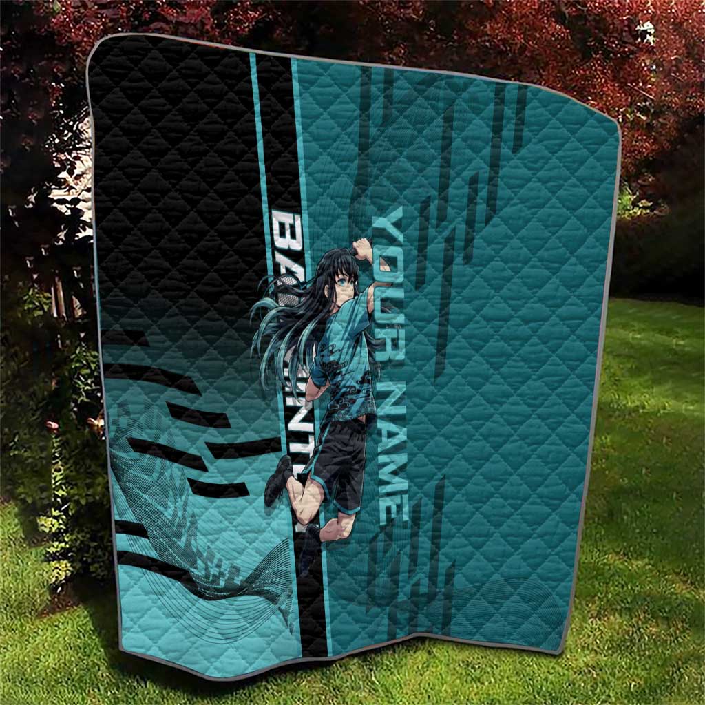 Personalized Tokito Muichiro Demon Slayer Badminton Quilt with Racket Action Pose and Teal Black Graphic Design - The Mazicc