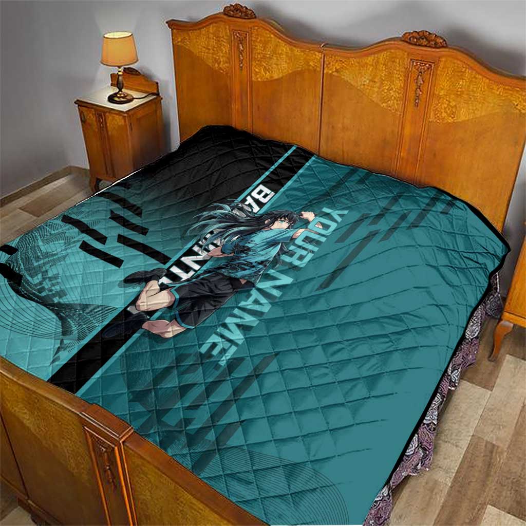 Personalized Tokito Muichiro Demon Slayer Badminton Quilt with Racket Action Pose and Teal Black Graphic Design - The Mazicc