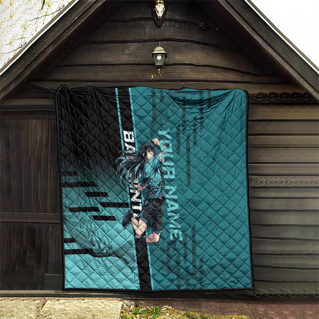 Personalized Tokito Muichiro Demon Slayer Badminton Quilt with Racket Action Pose and Teal Black Graphic Design - The Mazicc