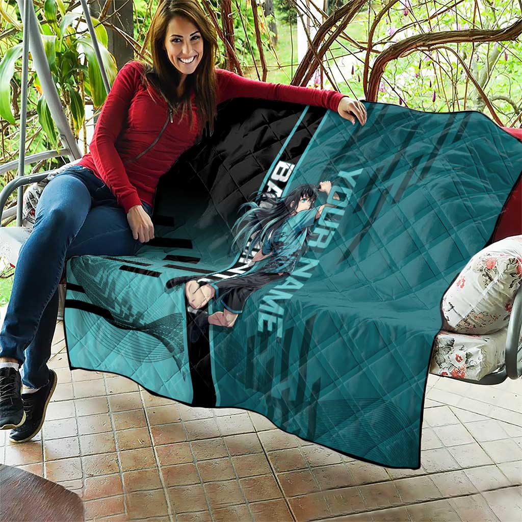 Personalized Tokito Muichiro Demon Slayer Badminton Quilt with Racket Action Pose and Teal Black Graphic Design - The Mazicc
