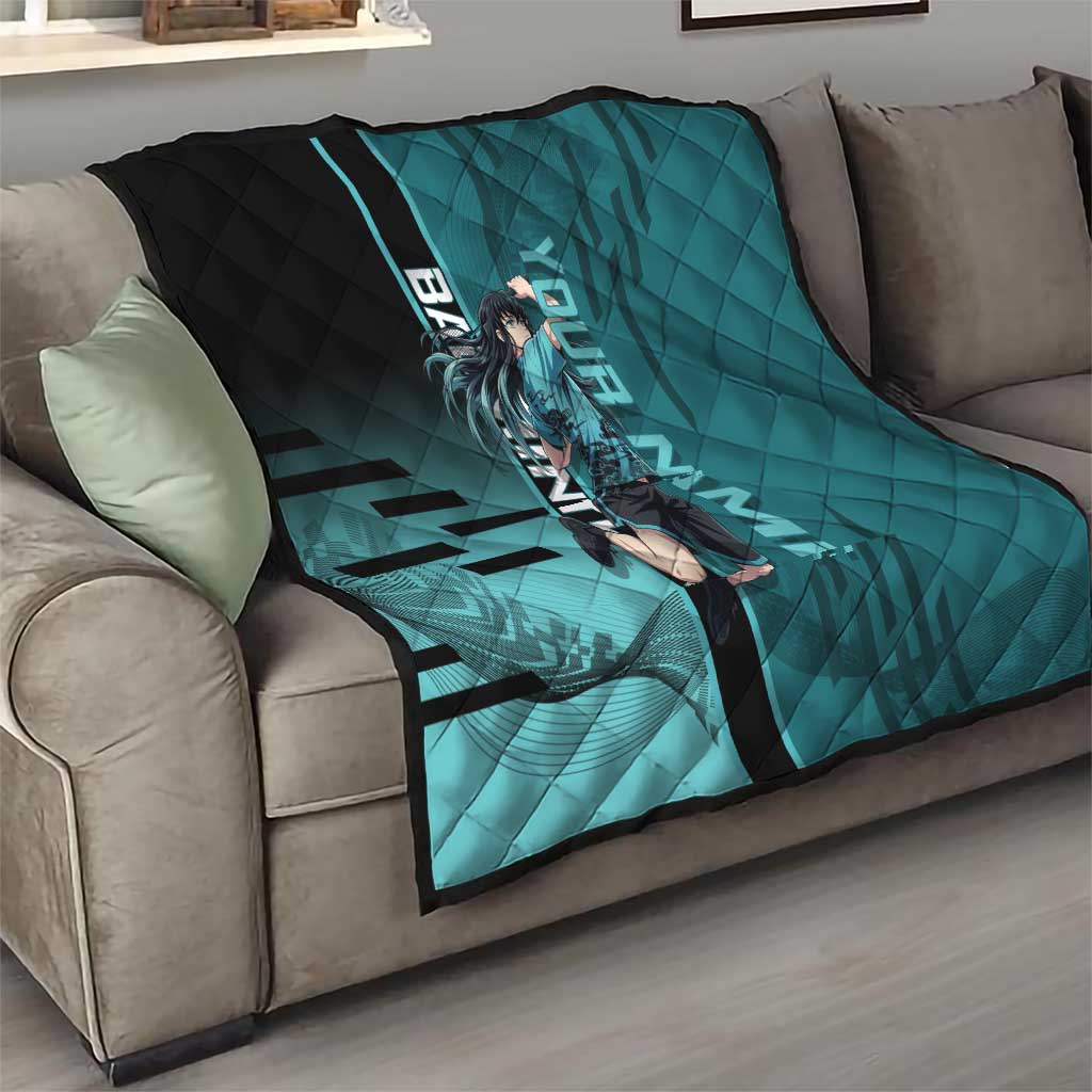 Personalized Tokito Muichiro Demon Slayer Badminton Quilt with Racket Action Pose and Teal Black Graphic Design - The Mazicc
