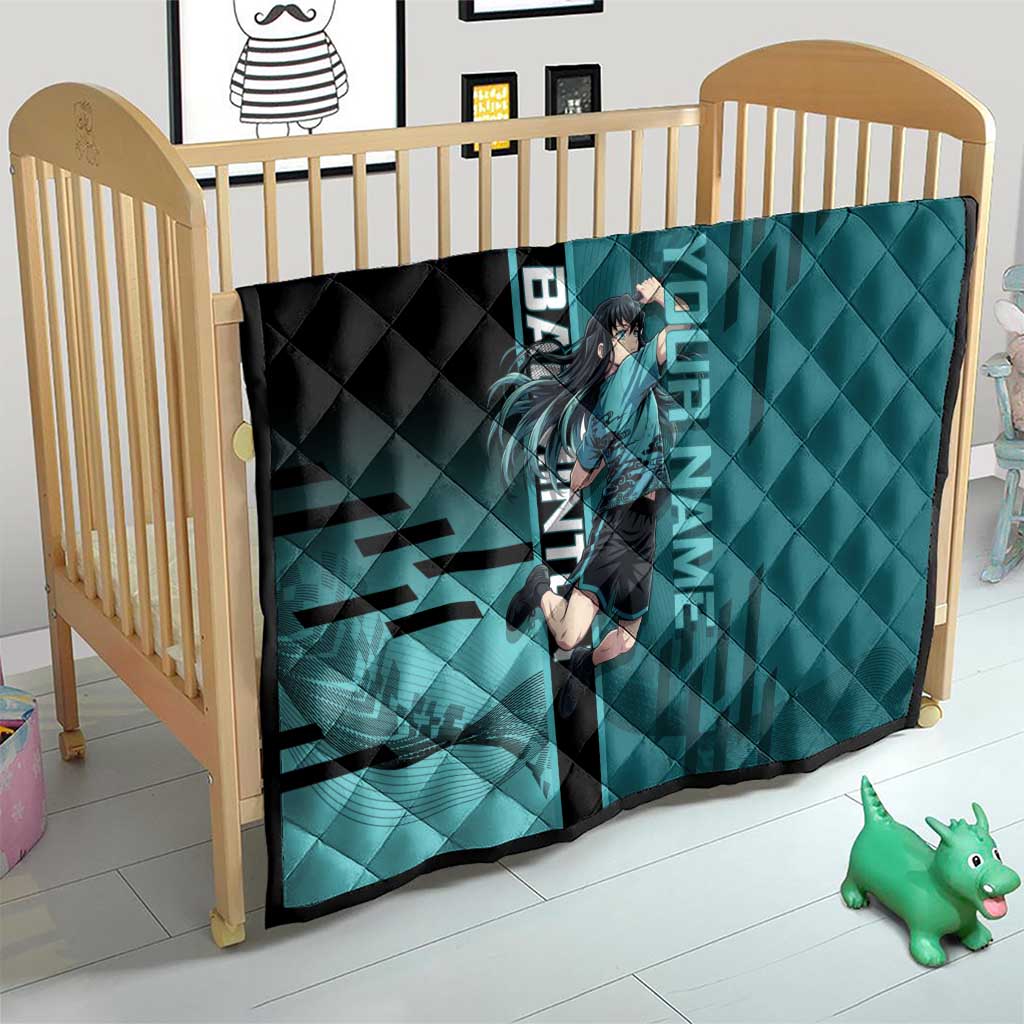 Personalized Tokito Muichiro Demon Slayer Badminton Quilt with Racket Action Pose and Teal Black Graphic Design - The Mazicc