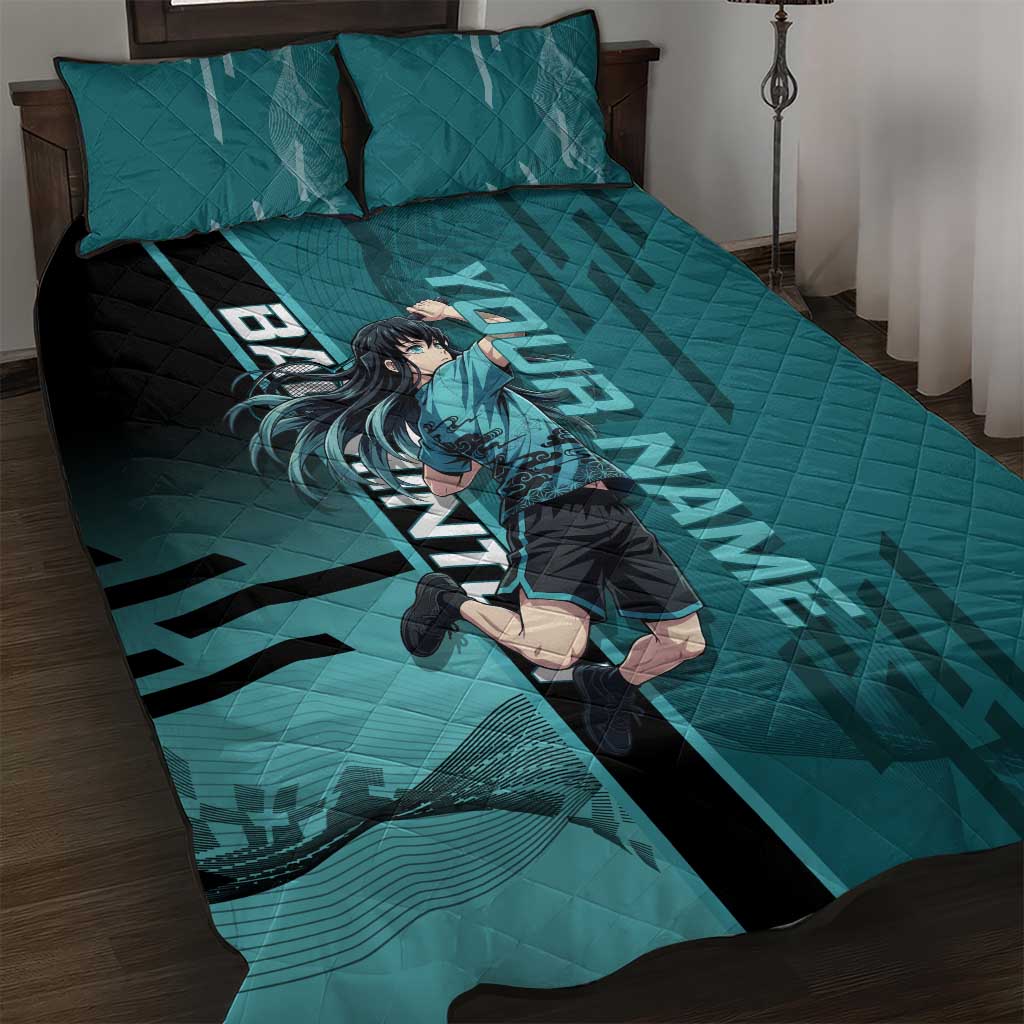 Personalized Tokito Muichiro Demon Slayer Badminton Quilt Bed Set with Racket Action Pose and Teal Black Graphic Design - The Mazicc