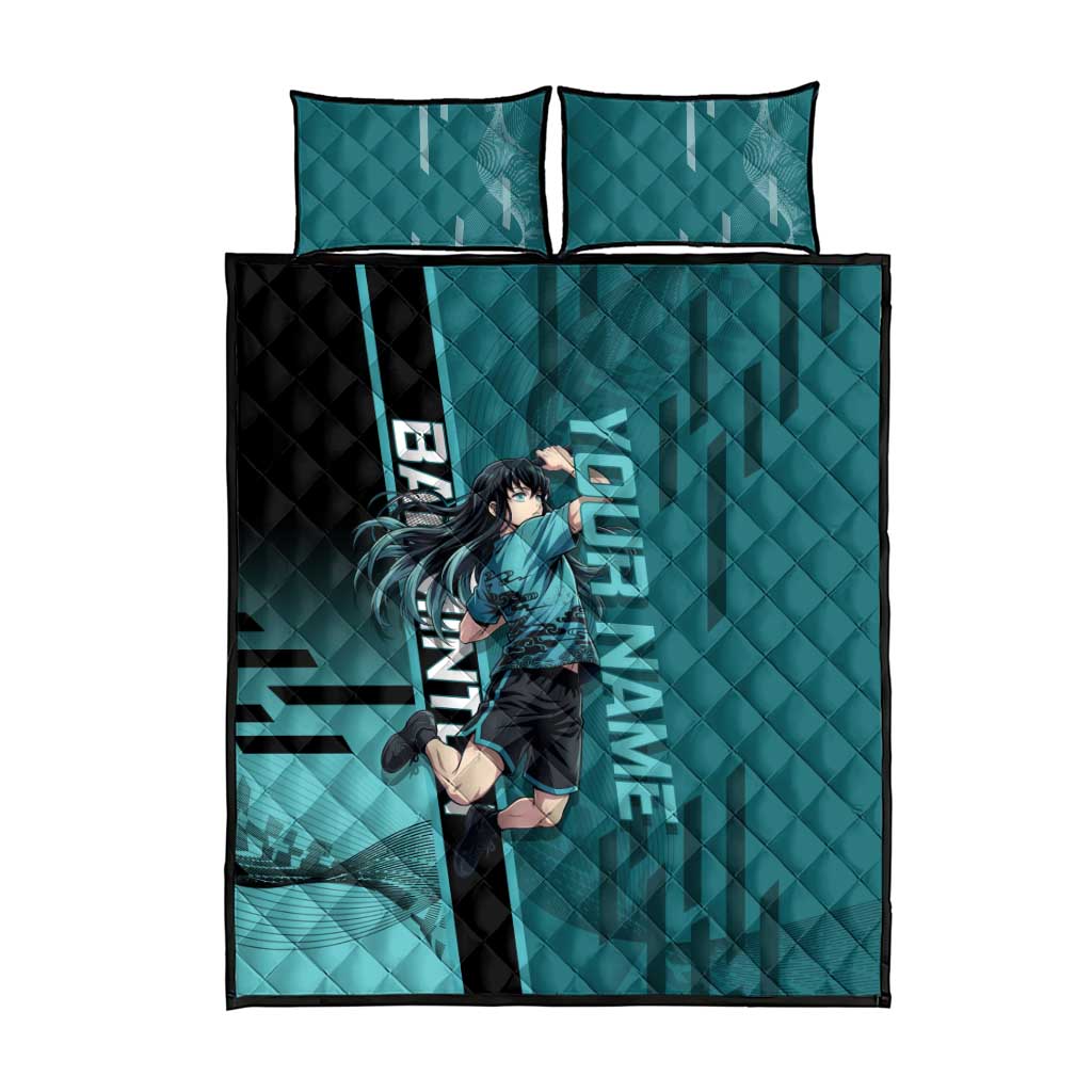 Personalized Tokito Muichiro Demon Slayer Badminton Quilt Bed Set with Racket Action Pose and Teal Black Graphic Design - The Mazicc