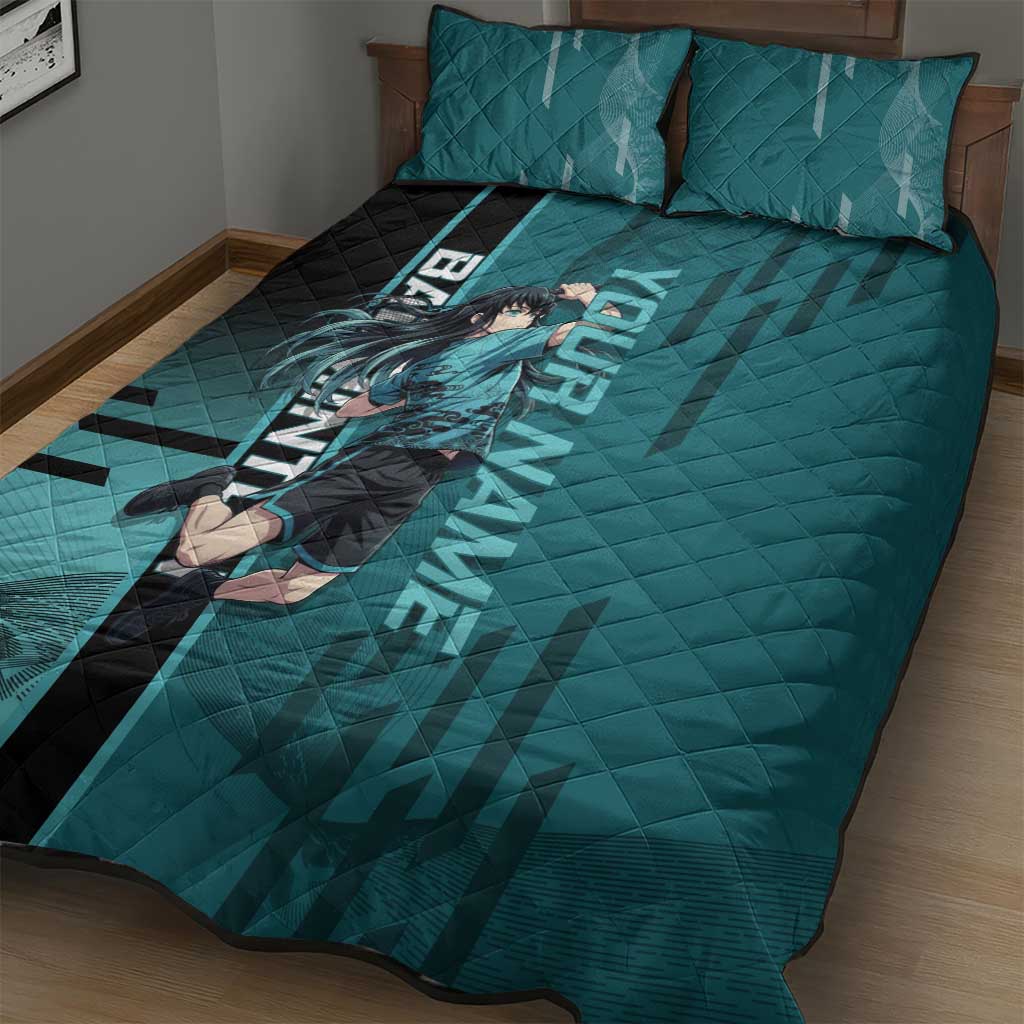 Personalized Tokito Muichiro Demon Slayer Badminton Quilt Bed Set with Racket Action Pose and Teal Black Graphic Design - The Mazicc