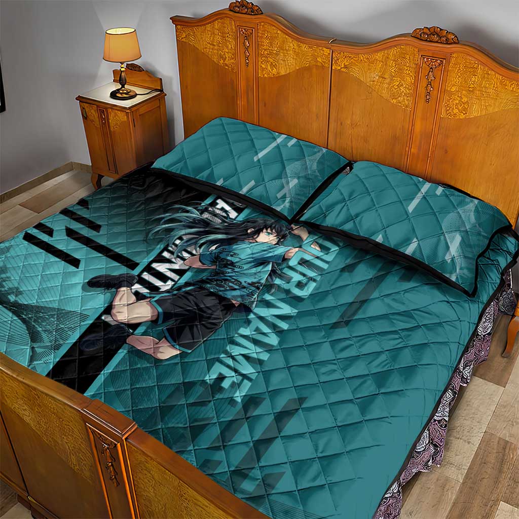 Personalized Tokito Muichiro Demon Slayer Badminton Quilt Bed Set with Racket Action Pose and Teal Black Graphic Design - The Mazicc