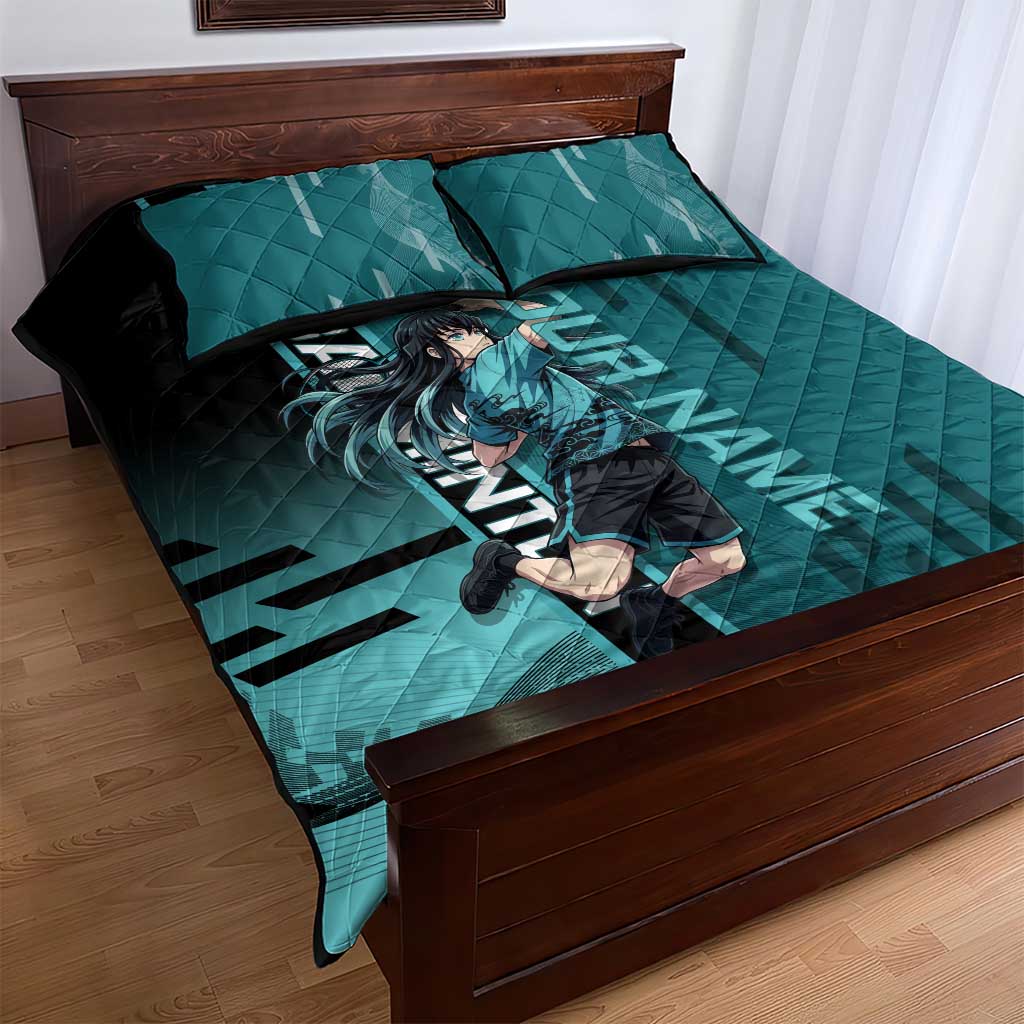 Personalized Tokito Muichiro Demon Slayer Badminton Quilt Bed Set with Racket Action Pose and Teal Black Graphic Design - The Mazicc