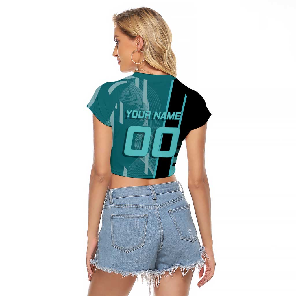 Personalized Tokito Muichiro Demon Slayer Badminton Raglan Cropped T Shirt with Racket Action Pose and Teal Black Graphic Design - The Mazicc