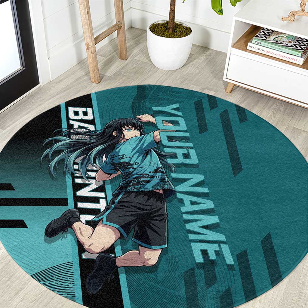 Personalized Tokito Muichiro Demon Slayer Badminton Round Carpet with Racket Action Pose and Teal Black Graphic Design - The Mazicc