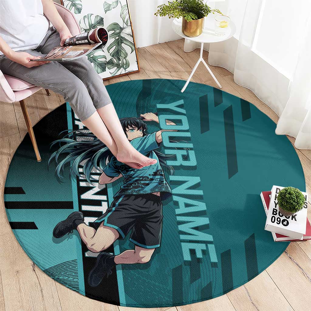 Personalized Tokito Muichiro Demon Slayer Badminton Round Carpet with Racket Action Pose and Teal Black Graphic Design - The Mazicc