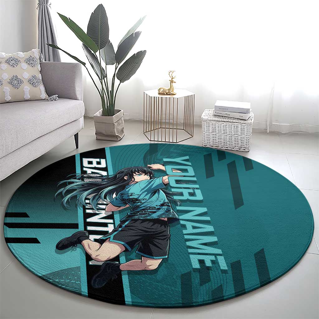 Personalized Tokito Muichiro Demon Slayer Badminton Round Carpet with Racket Action Pose and Teal Black Graphic Design - The Mazicc