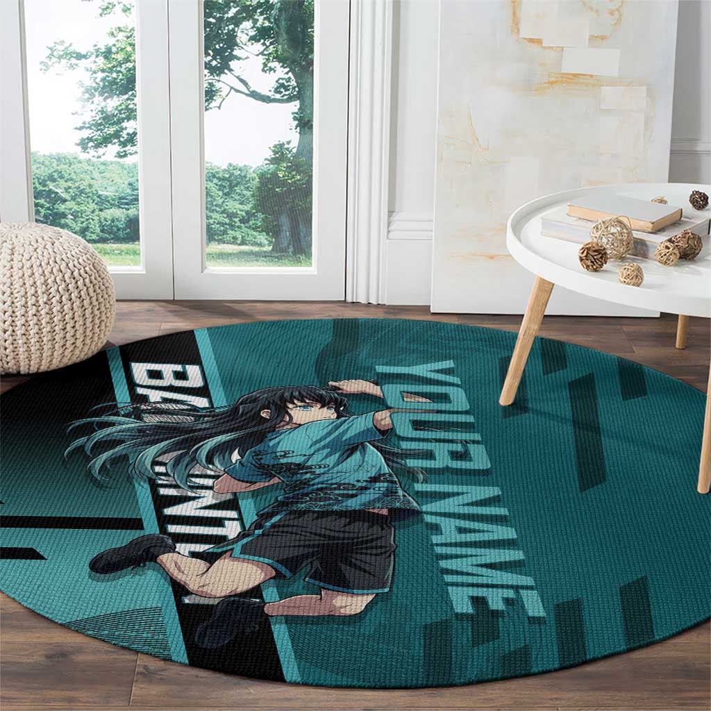 Personalized Tokito Muichiro Demon Slayer Badminton Round Carpet with Racket Action Pose and Teal Black Graphic Design - The Mazicc