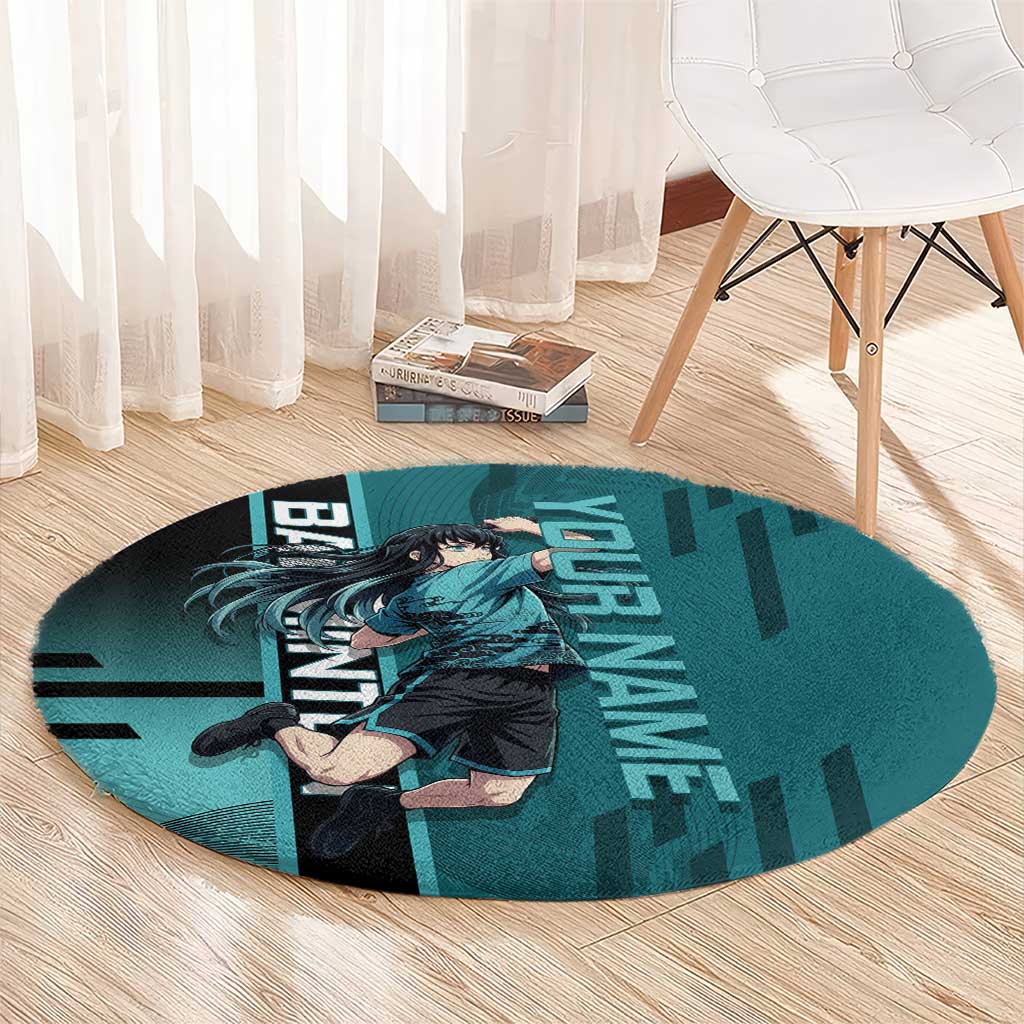 Personalized Tokito Muichiro Demon Slayer Badminton Round Carpet with Racket Action Pose and Teal Black Graphic Design - The Mazicc