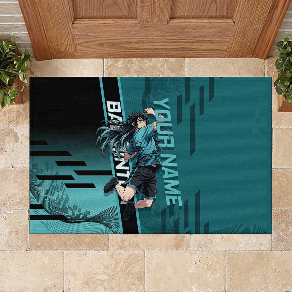 Personalized Tokito Muichiro Demon Slayer Badminton Rubber Doormat with Racket Action Pose and Teal Black Graphic Design - The Mazicc