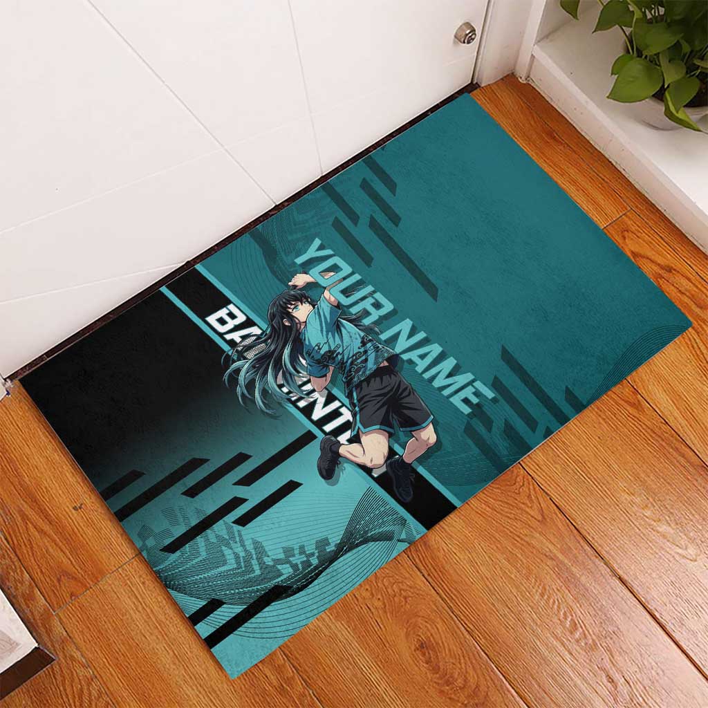 Personalized Tokito Muichiro Demon Slayer Badminton Rubber Doormat with Racket Action Pose and Teal Black Graphic Design - The Mazicc