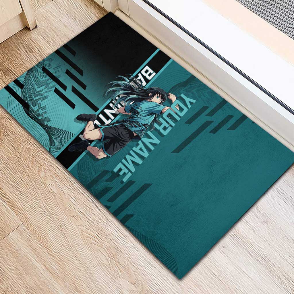 Personalized Tokito Muichiro Demon Slayer Badminton Rubber Doormat with Racket Action Pose and Teal Black Graphic Design - The Mazicc