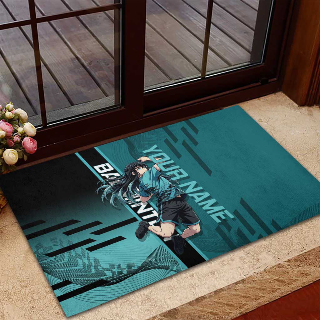 Personalized Tokito Muichiro Demon Slayer Badminton Rubber Doormat with Racket Action Pose and Teal Black Graphic Design - The Mazicc