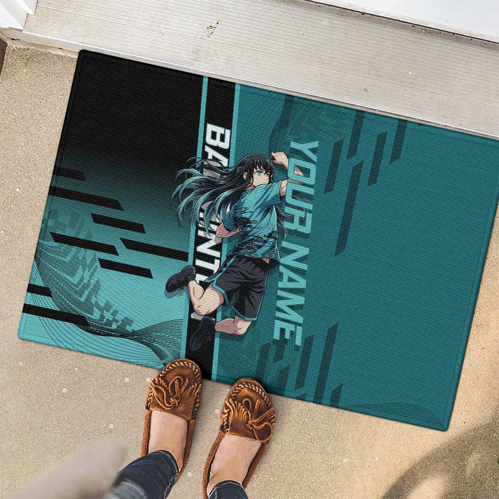 Personalized Tokito Muichiro Demon Slayer Badminton Rubber Doormat with Racket Action Pose and Teal Black Graphic Design - The Mazicc