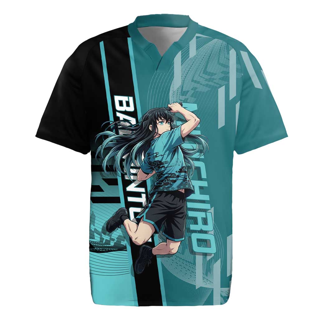 Personalized Tokito Muichiro Demon Slayer Badminton Rugby Jersey with Racket Action Pose and Teal Black Graphic Design - The Mazicc