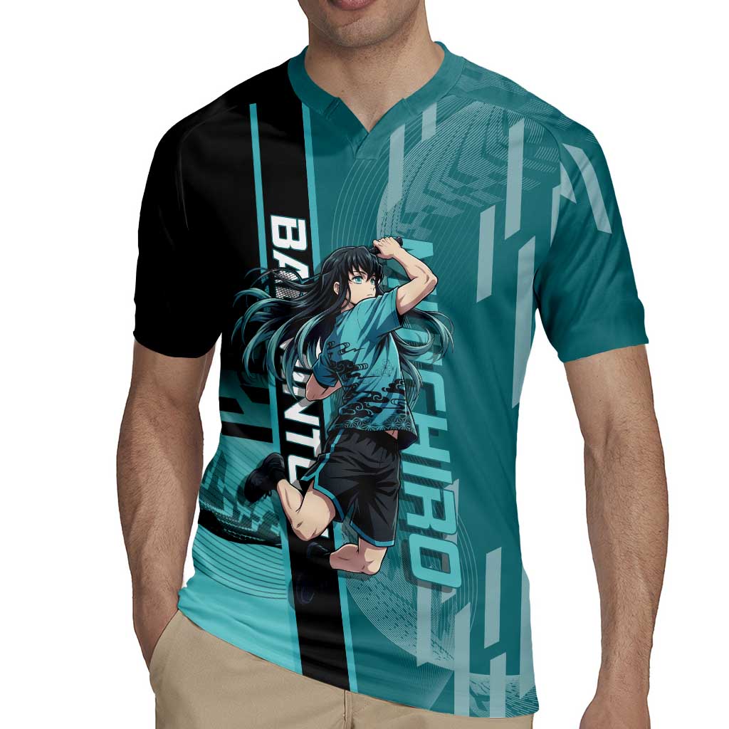 Personalized Tokito Muichiro Demon Slayer Badminton Rugby Jersey with Racket Action Pose and Teal Black Graphic Design - The Mazicc