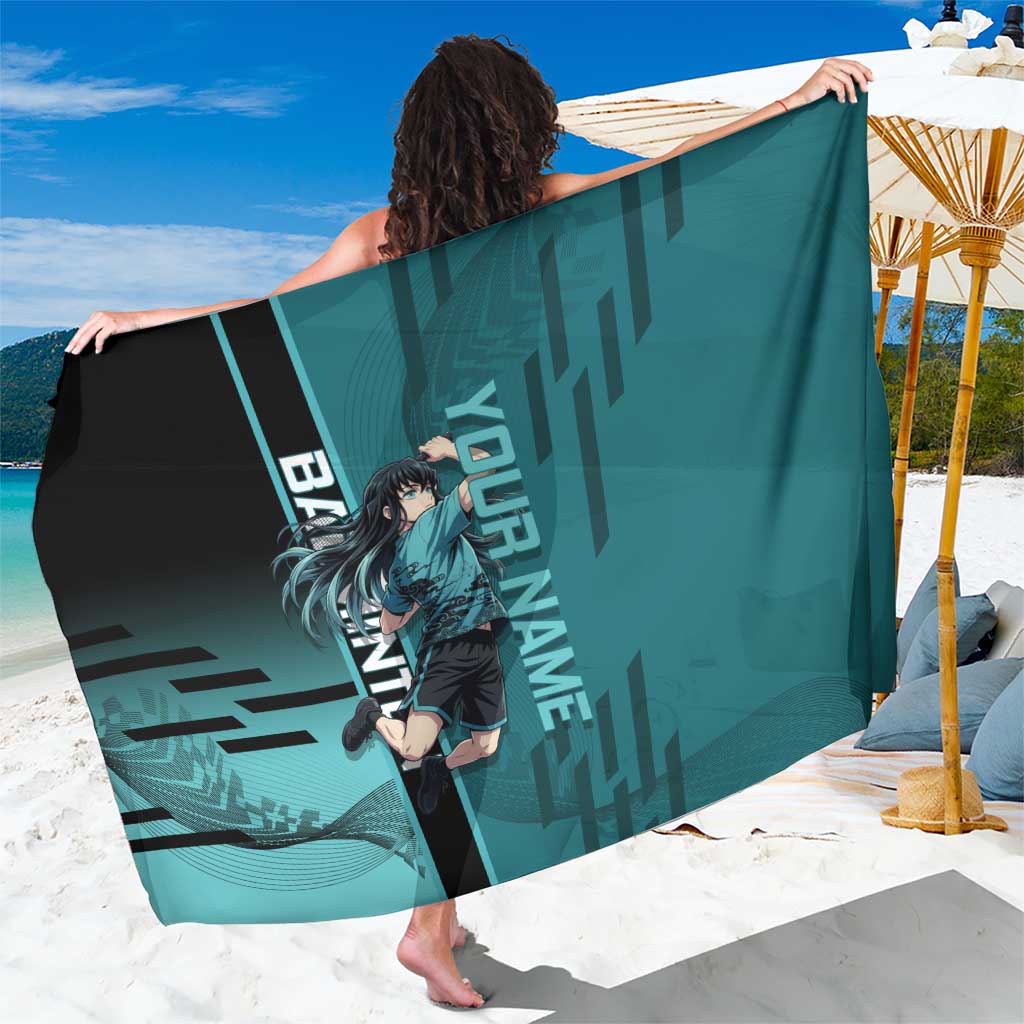 Personalized Tokito Muichiro Demon Slayer Badminton Sarong with Racket Action Pose and Teal Black Graphic Design - The Mazicc