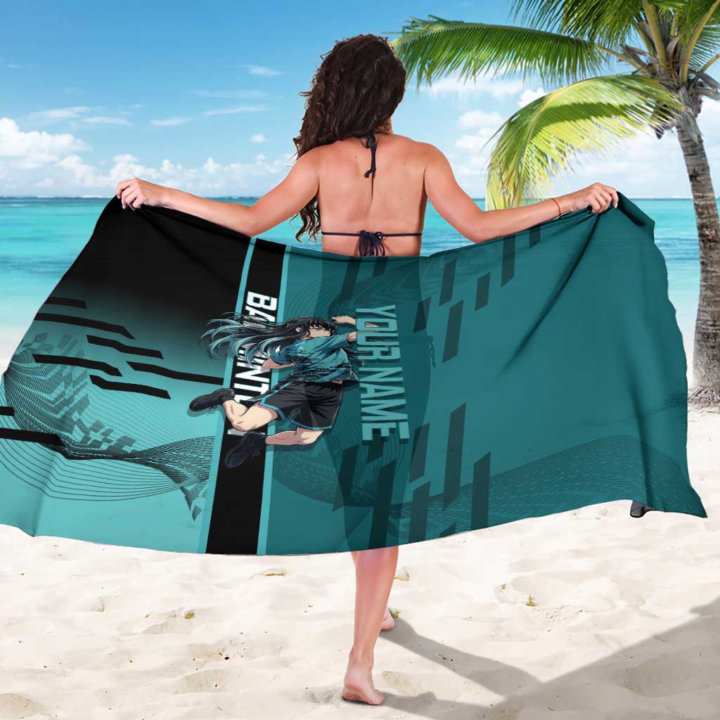 Personalized Tokito Muichiro Demon Slayer Badminton Sarong with Racket Action Pose and Teal Black Graphic Design - The Mazicc