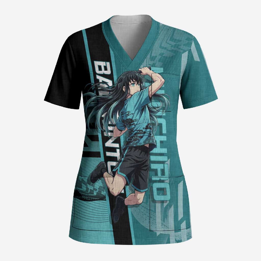 Personalized Tokito Muichiro Demon Slayer Badminton Scrub Top with Racket Action Pose and Teal Black Graphic Design - The Mazicc