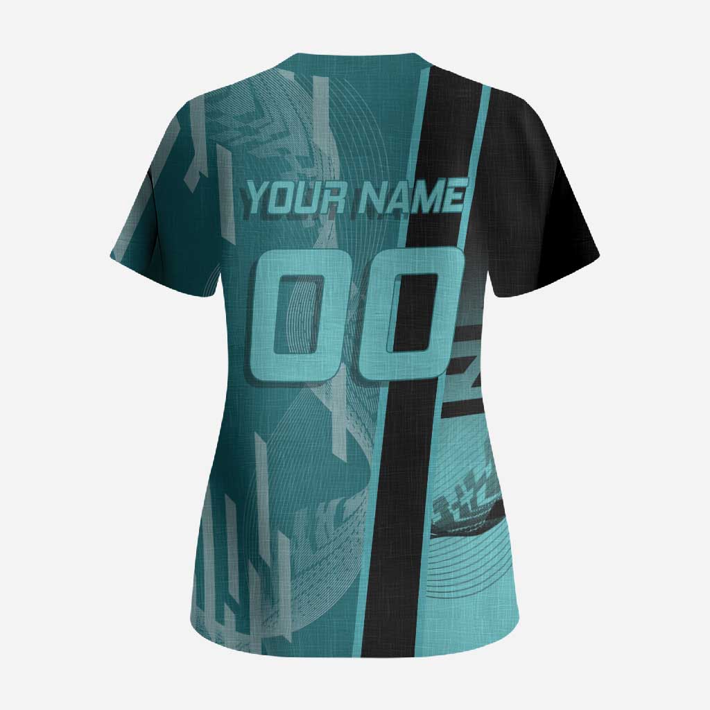 Personalized Tokito Muichiro Demon Slayer Badminton Scrub Top with Racket Action Pose and Teal Black Graphic Design - The Mazicc