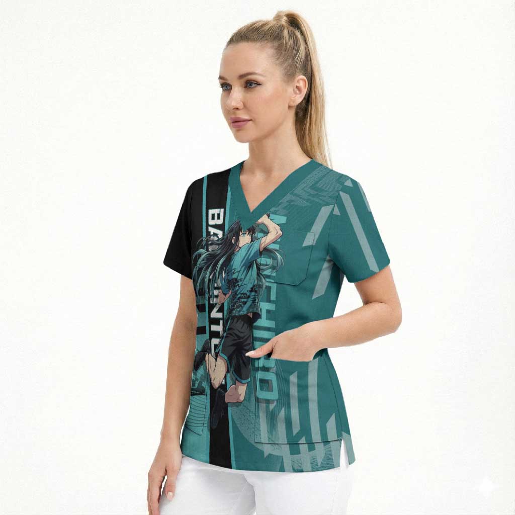 Personalized Tokito Muichiro Demon Slayer Badminton Scrub Top with Racket Action Pose and Teal Black Graphic Design - The Mazicc