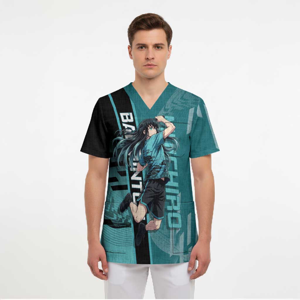Personalized Tokito Muichiro Demon Slayer Badminton Scrub Top with Racket Action Pose and Teal Black Graphic Design - The Mazicc