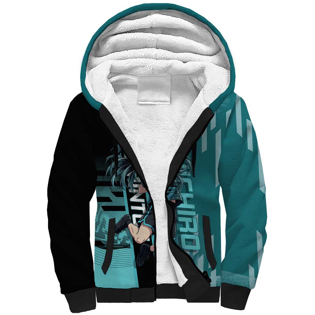 Personalized Tokito Muichiro Demon Slayer Badminton Sherpa Hoodie with Racket Action Pose and Teal Black Graphic Design - The Mazicc