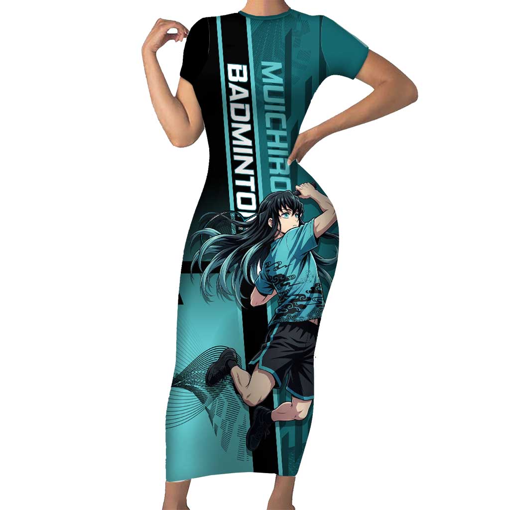 Personalized Tokito Muichiro Demon Slayer Badminton Short Sleeve Bodycon Dress with Racket Action Pose and Teal Black Graphic Design - The Mazicc
