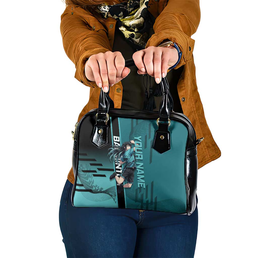 Personalized Tokito Muichiro Demon Slayer Badminton Shoulder Handbag with Racket Action Pose and Teal Black Graphic Design - The Mazicc