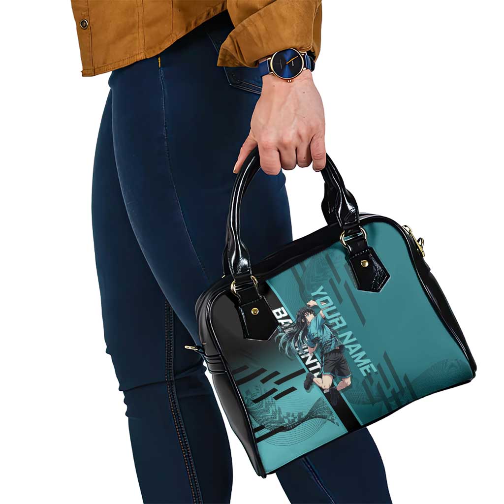 Personalized Tokito Muichiro Demon Slayer Badminton Shoulder Handbag with Racket Action Pose and Teal Black Graphic Design - The Mazicc