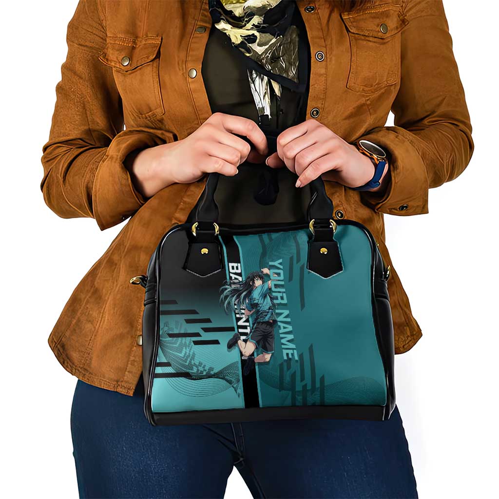 Personalized Tokito Muichiro Demon Slayer Badminton Shoulder Handbag with Racket Action Pose and Teal Black Graphic Design - The Mazicc