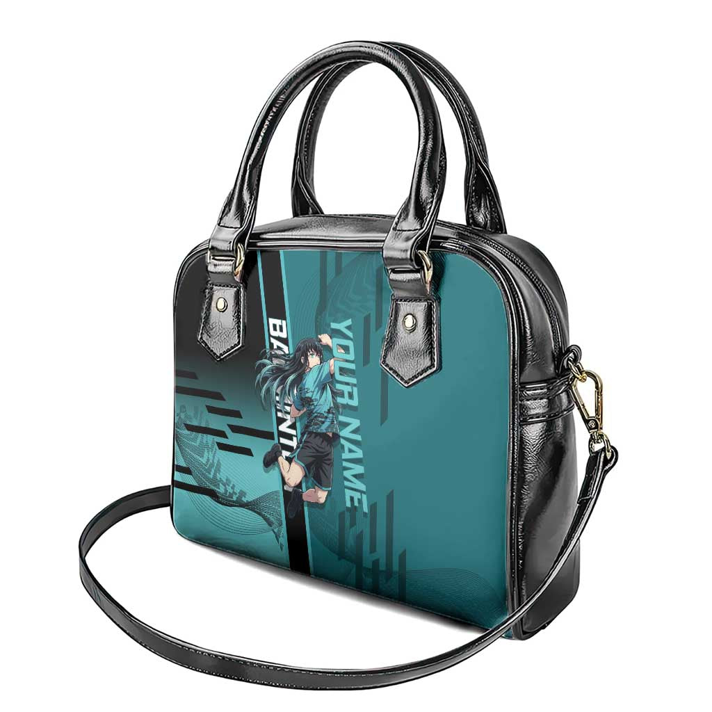 Personalized Tokito Muichiro Demon Slayer Badminton Shoulder Handbag with Racket Action Pose and Teal Black Graphic Design - The Mazicc