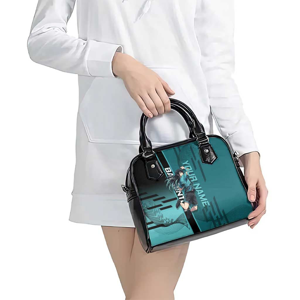 Personalized Tokito Muichiro Demon Slayer Badminton Shoulder Handbag with Racket Action Pose and Teal Black Graphic Design - The Mazicc