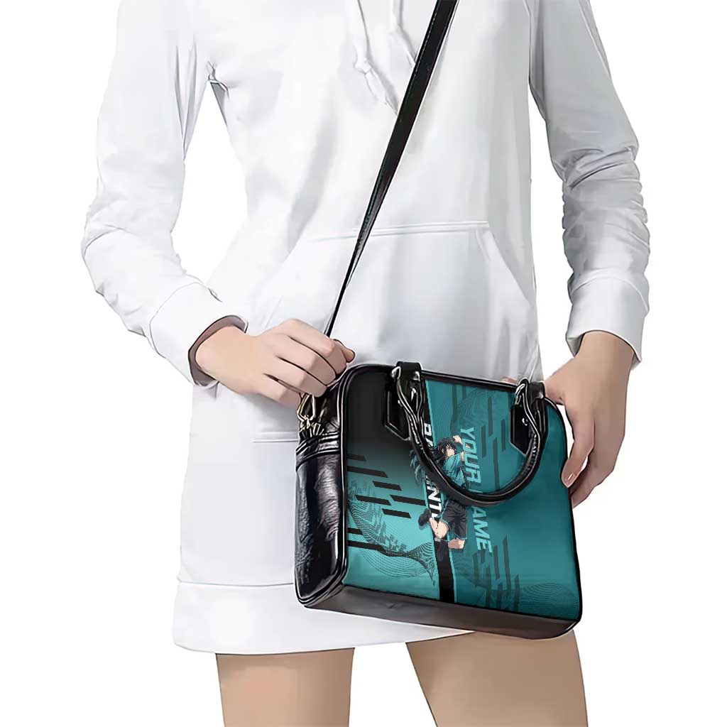 Personalized Tokito Muichiro Demon Slayer Badminton Shoulder Handbag with Racket Action Pose and Teal Black Graphic Design - The Mazicc