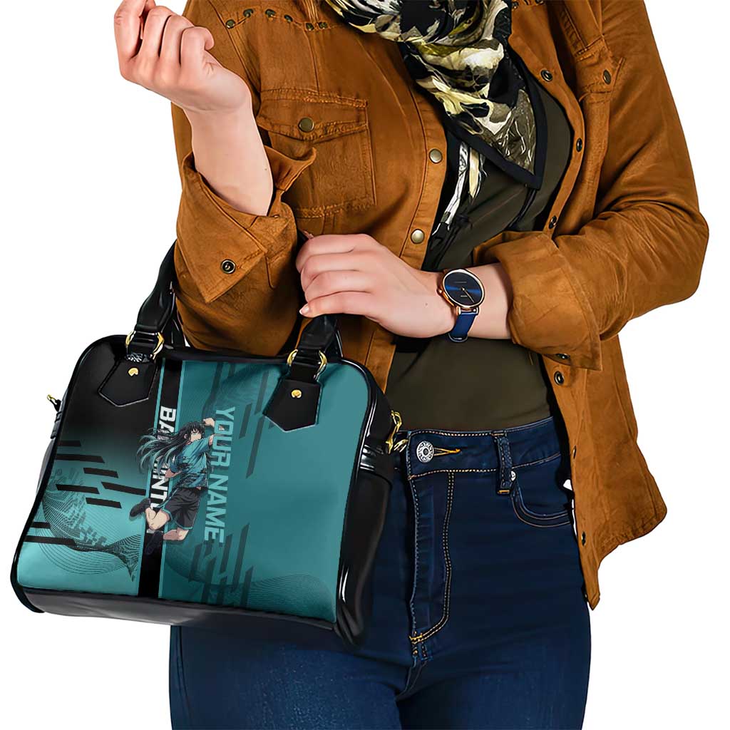Personalized Tokito Muichiro Demon Slayer Badminton Shoulder Handbag with Racket Action Pose and Teal Black Graphic Design - The Mazicc