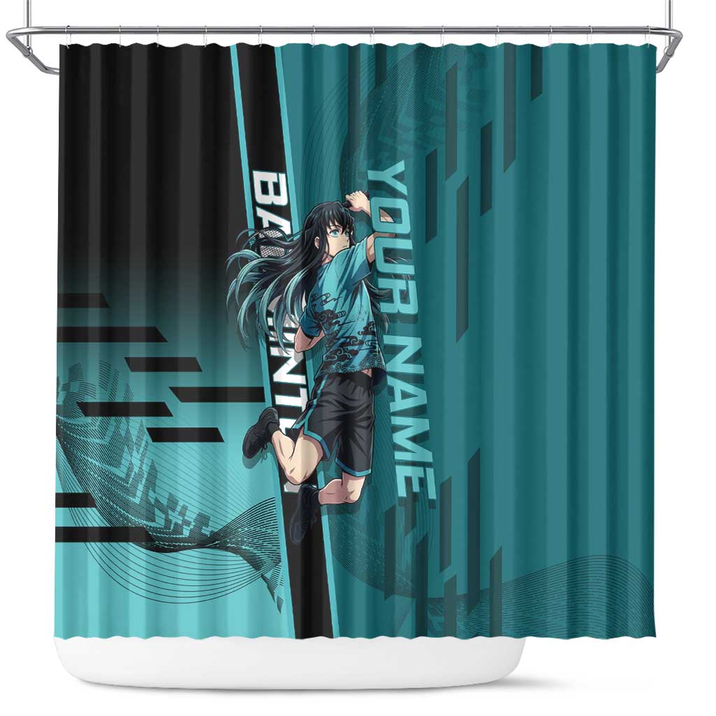 Personalized Tokito Muichiro Demon Slayer Badminton Shower Curtain with Racket Action Pose and Teal Black Graphic Design - The Mazicc