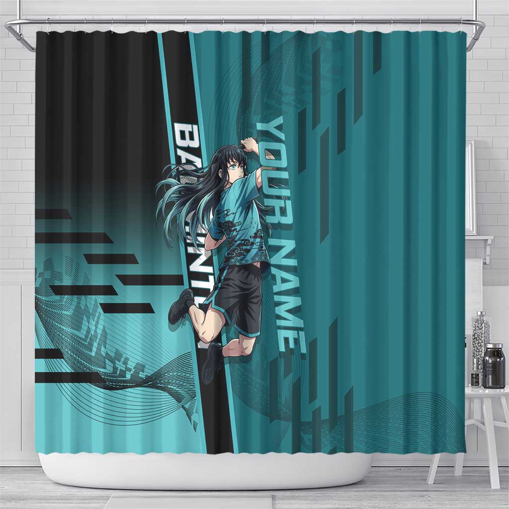 Personalized Tokito Muichiro Demon Slayer Badminton Shower Curtain with Racket Action Pose and Teal Black Graphic Design - The Mazicc