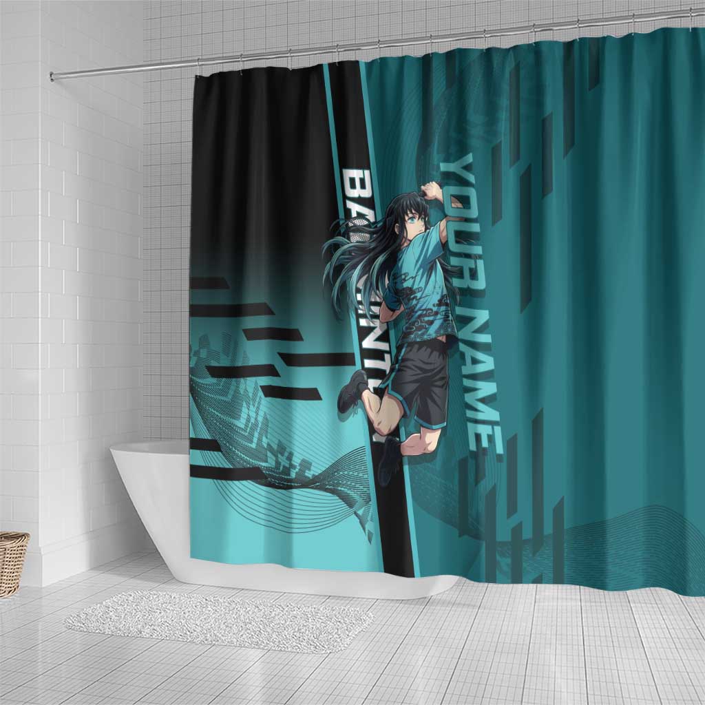 Personalized Tokito Muichiro Demon Slayer Badminton Shower Curtain with Racket Action Pose and Teal Black Graphic Design - The Mazicc