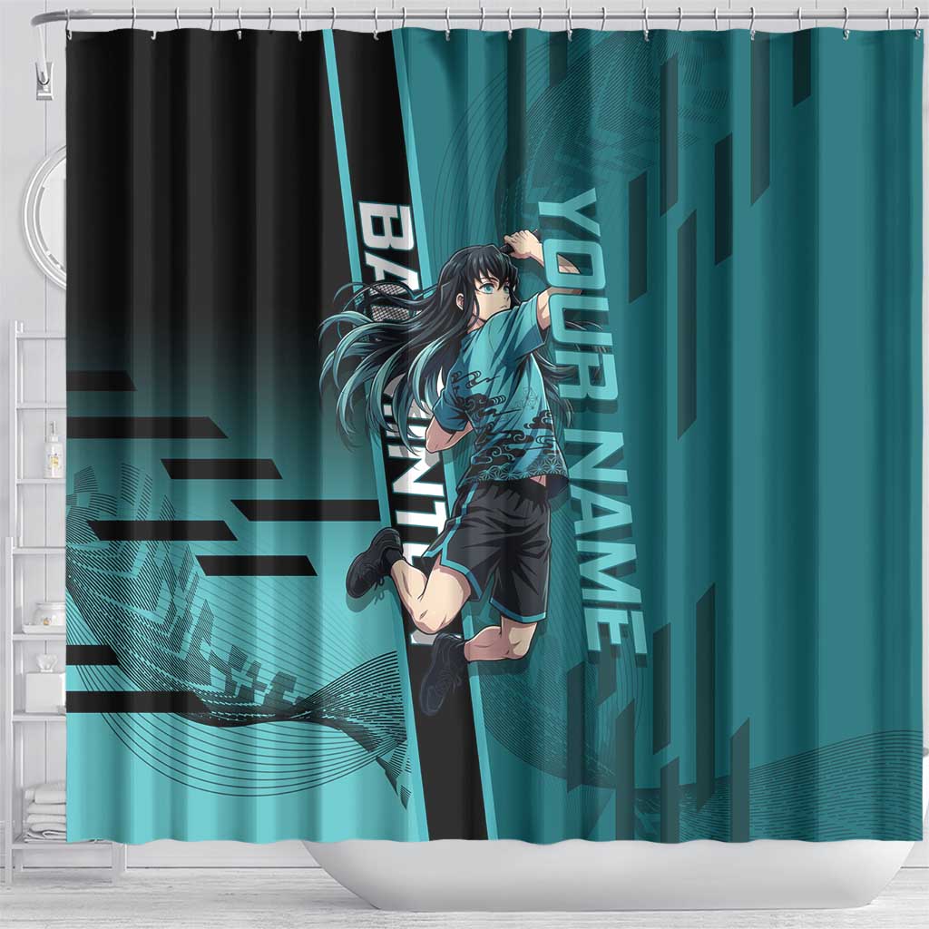 Personalized Tokito Muichiro Demon Slayer Badminton Shower Curtain with Racket Action Pose and Teal Black Graphic Design - The Mazicc