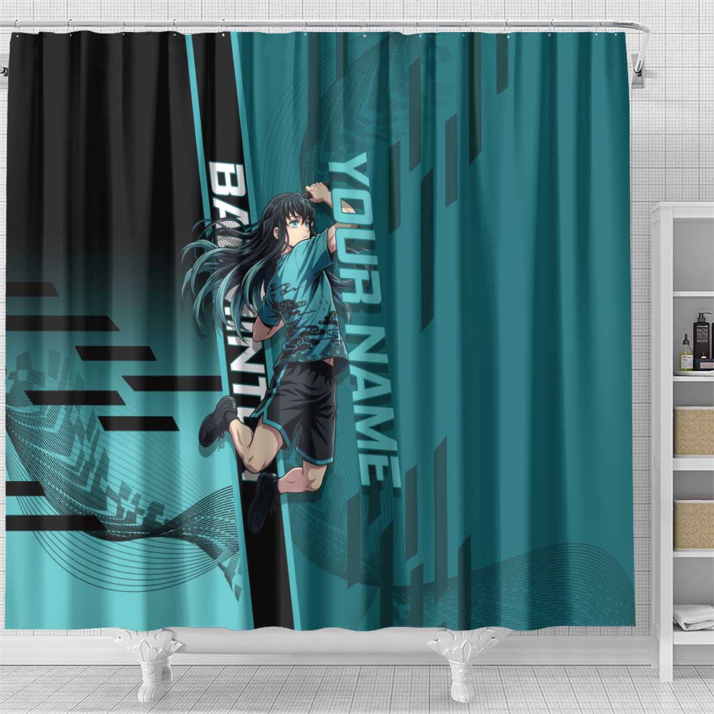 Personalized Tokito Muichiro Demon Slayer Badminton Shower Curtain with Racket Action Pose and Teal Black Graphic Design - The Mazicc