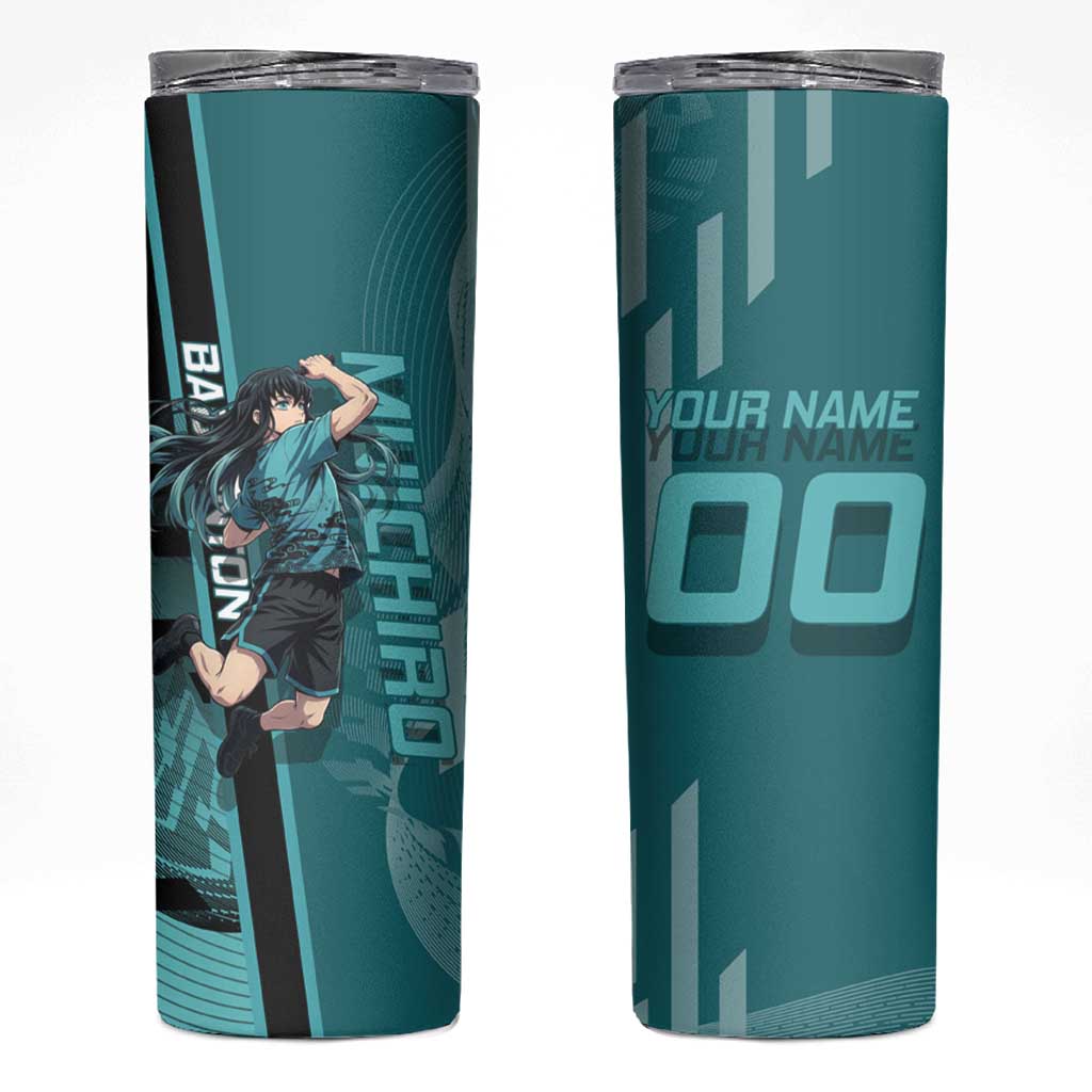 Personalized Tokito Muichiro Demon Slayer Badminton Skinny Tumbler with Racket Action Pose and Teal Black Graphic Design - The Mazicc