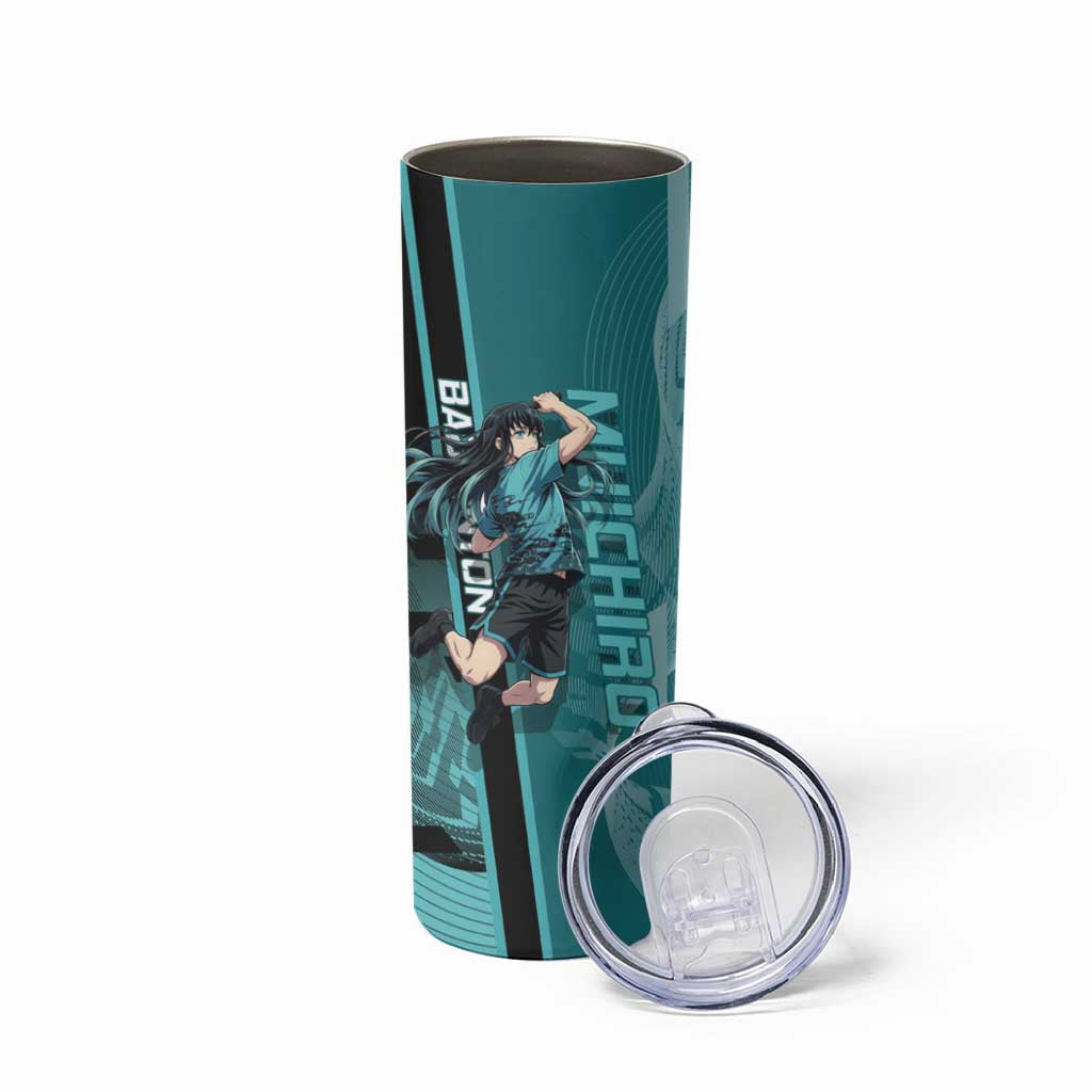 Personalized Tokito Muichiro Demon Slayer Badminton Skinny Tumbler with Racket Action Pose and Teal Black Graphic Design - The Mazicc