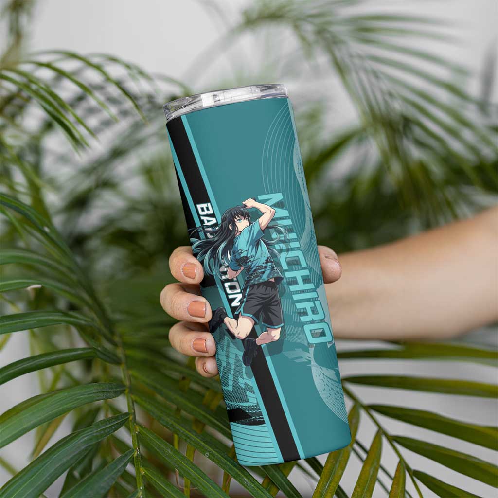 Personalized Tokito Muichiro Demon Slayer Badminton Skinny Tumbler with Racket Action Pose and Teal Black Graphic Design - The Mazicc
